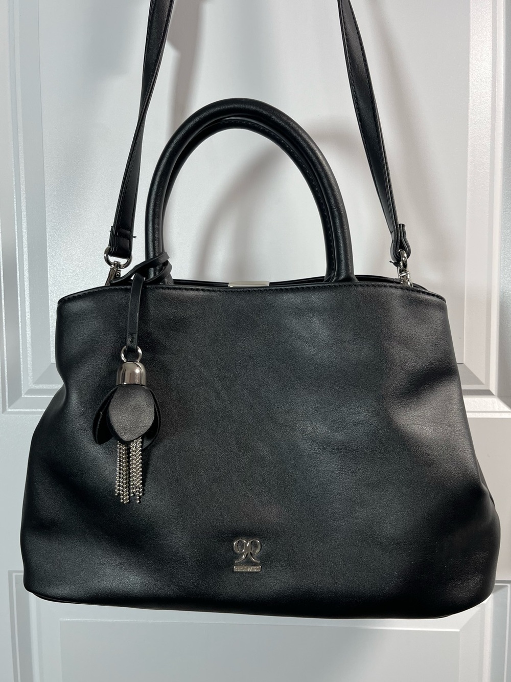Nine West Satchel Handbag Black Silver Frame Kiss Lock Crossbody Shoulder Bag
